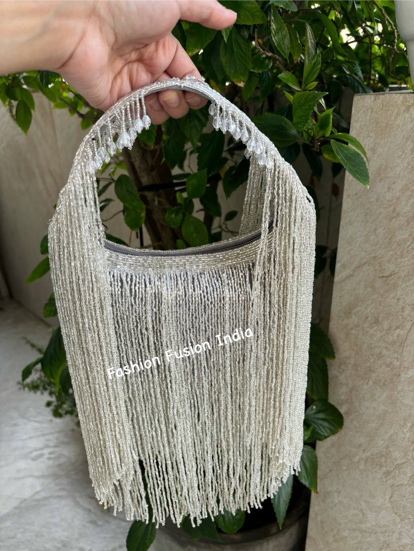 Silver Beaded Tassel Bag | Handmade Bridal Clutch | Evening Party Purse | Ethnic Handbag by Fashion Fusion India
