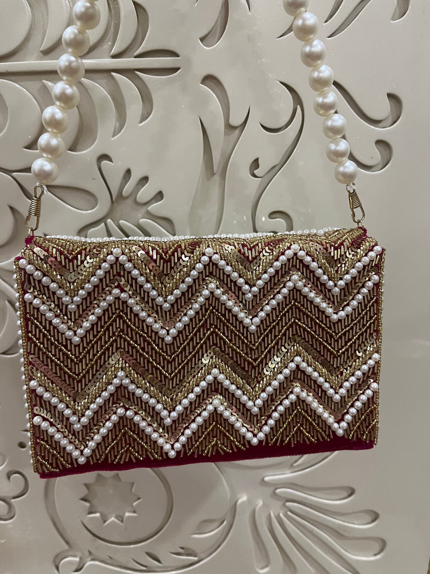 Embroidered Beaded Pearl Box Clutch Bag – Handmade MDF Hardcase Purse for Bridal, Party & Festive Wear | Designer Clutch by Fashion Fusion India