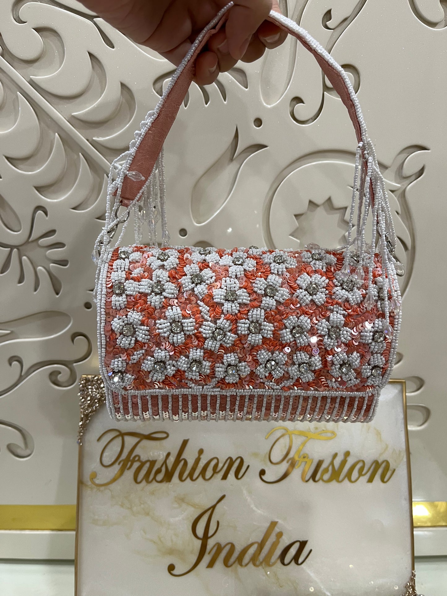 Sequin Pearl Floral Handbag – Handmade Designer Bridal & Party Purse by Fashion Fusion India