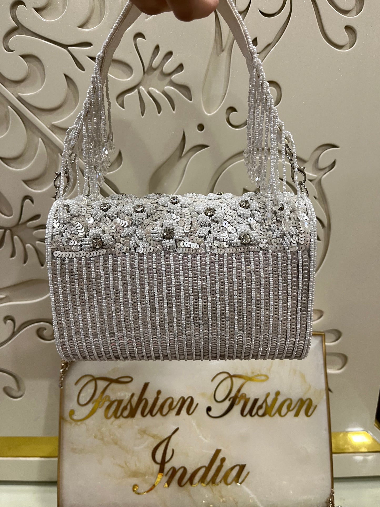 Sequin Pearl Floral Handbag – Handmade Designer Bridal & Party Purse by Fashion Fusion India