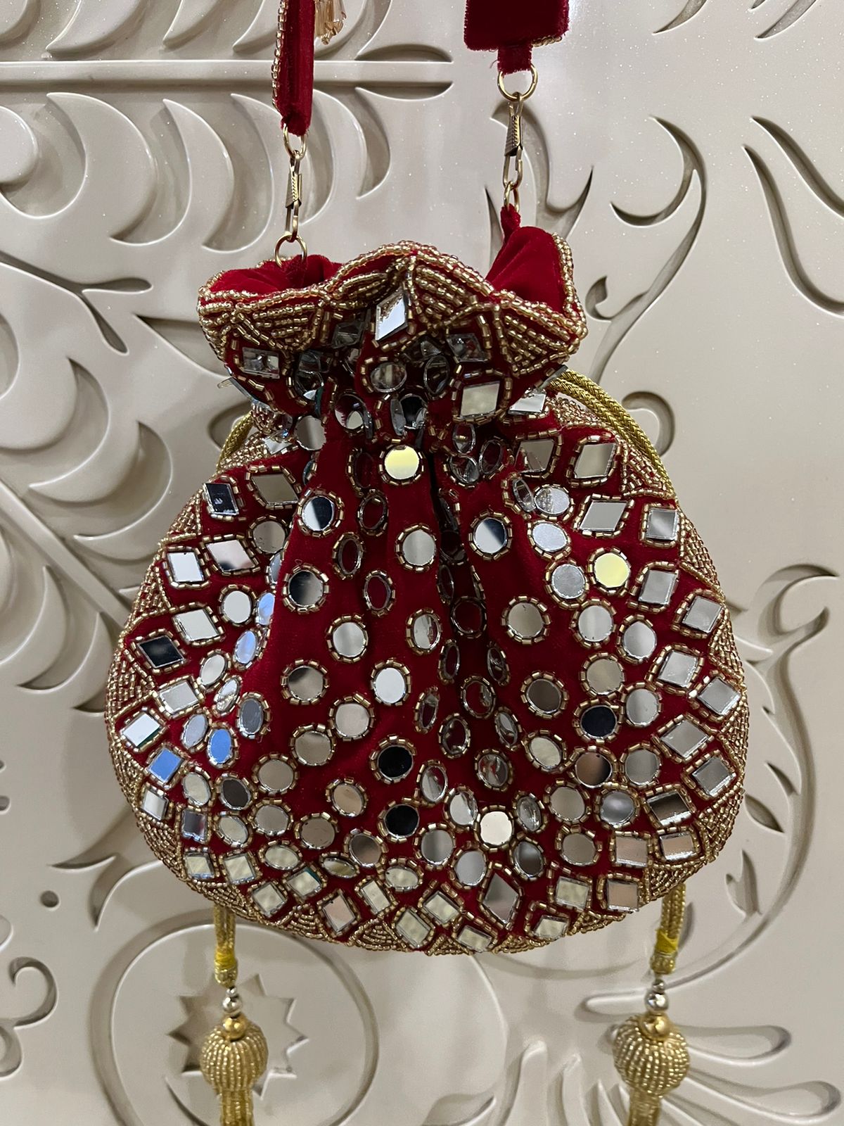 Mirror Embroidered Potli Bag – Handmade Bridal & Festive Purse | Designer Green, Red, Dark Green & Coral Potli for Weddings & Parties by Fashion Fusion India