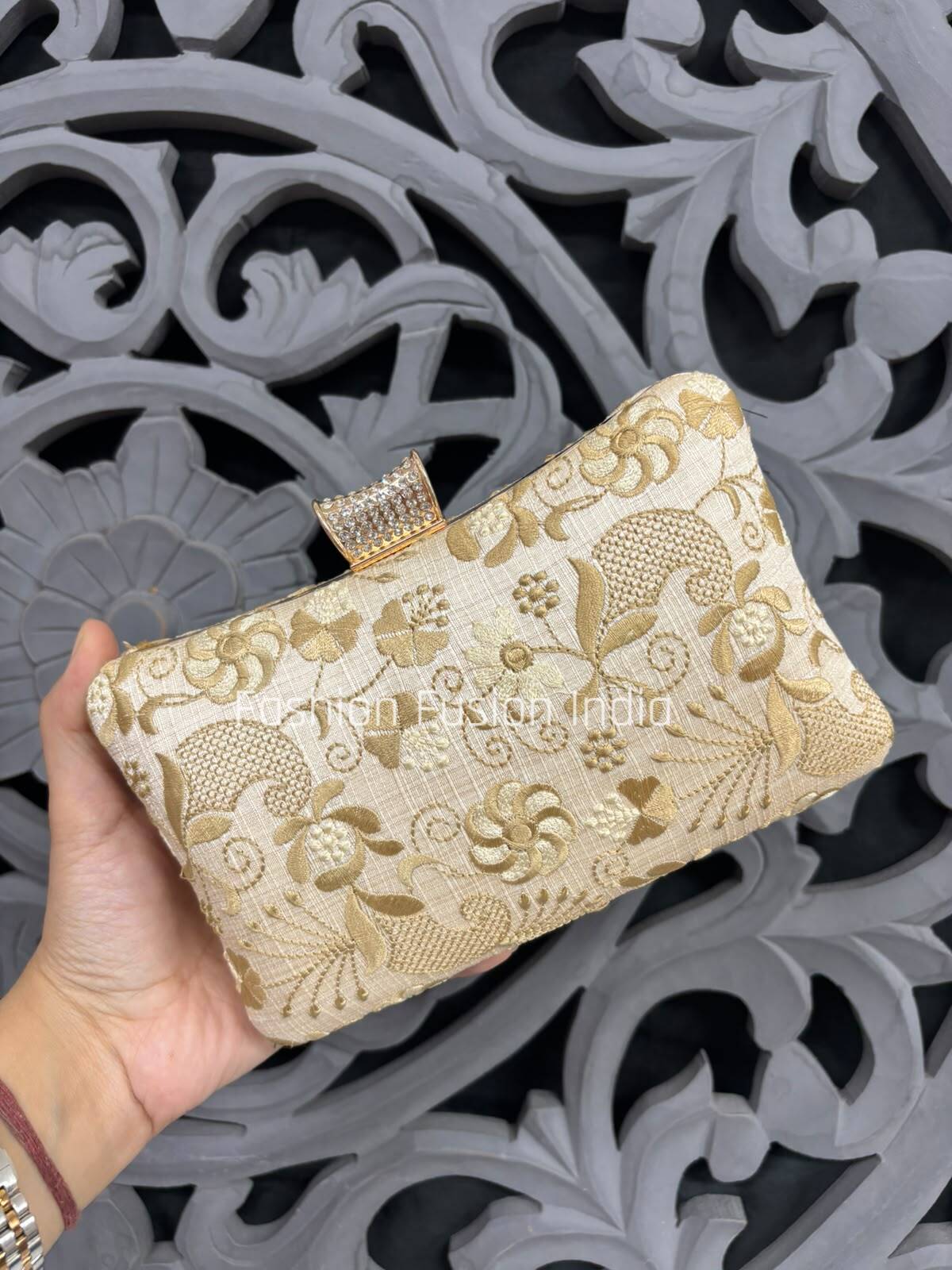 Champagne Gold Floral Embroidered Clutch Bag