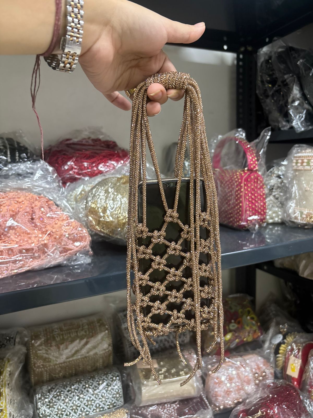 Copper Gold Rhinestone Mobile Sling Bag for Women