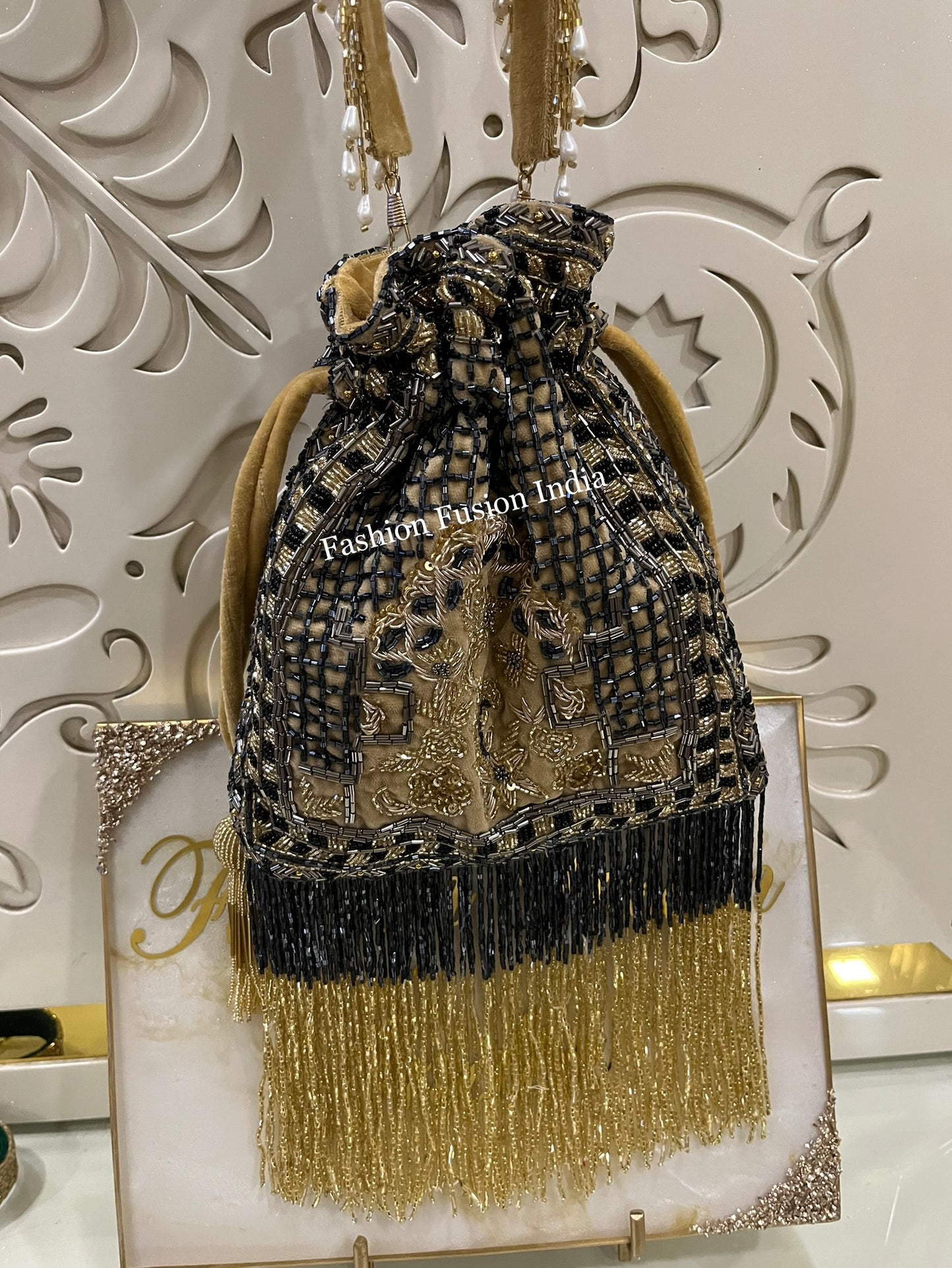 Gold Embroidered Potli Bag | Velvet Wedding & Party Purse | Designer Fringe Potli Clutch | Indian Bridal Ethnic Handbag