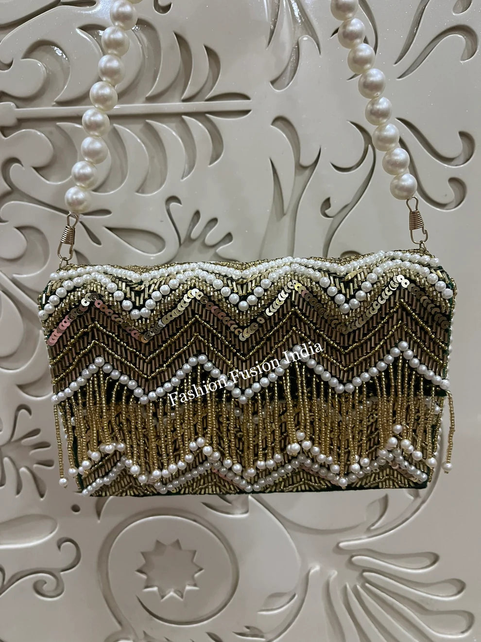 Luxury Gold Pearl Fringe Beaded Flap Clutch – Handcrafted Bridal & Party Bag | Fashion Fusion India