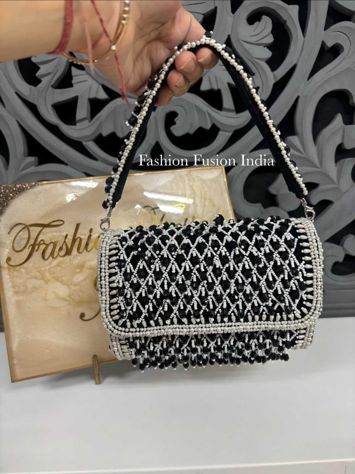 Designer Black Beaded Flap Bag