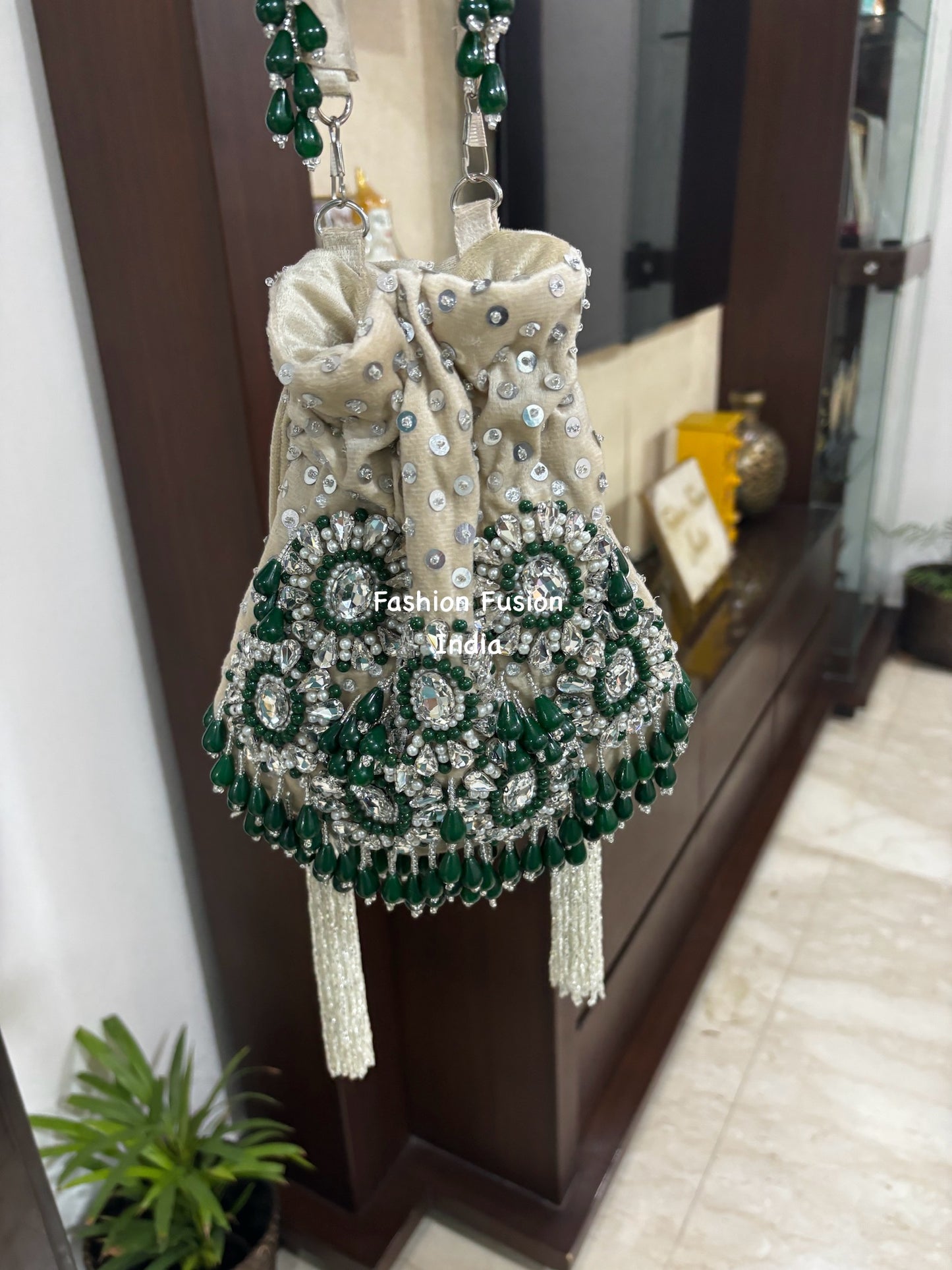 Green Beaded Embroidered Potli Bag | Handmade Bridal & Party Clutch Purse – Fashion Fusion India