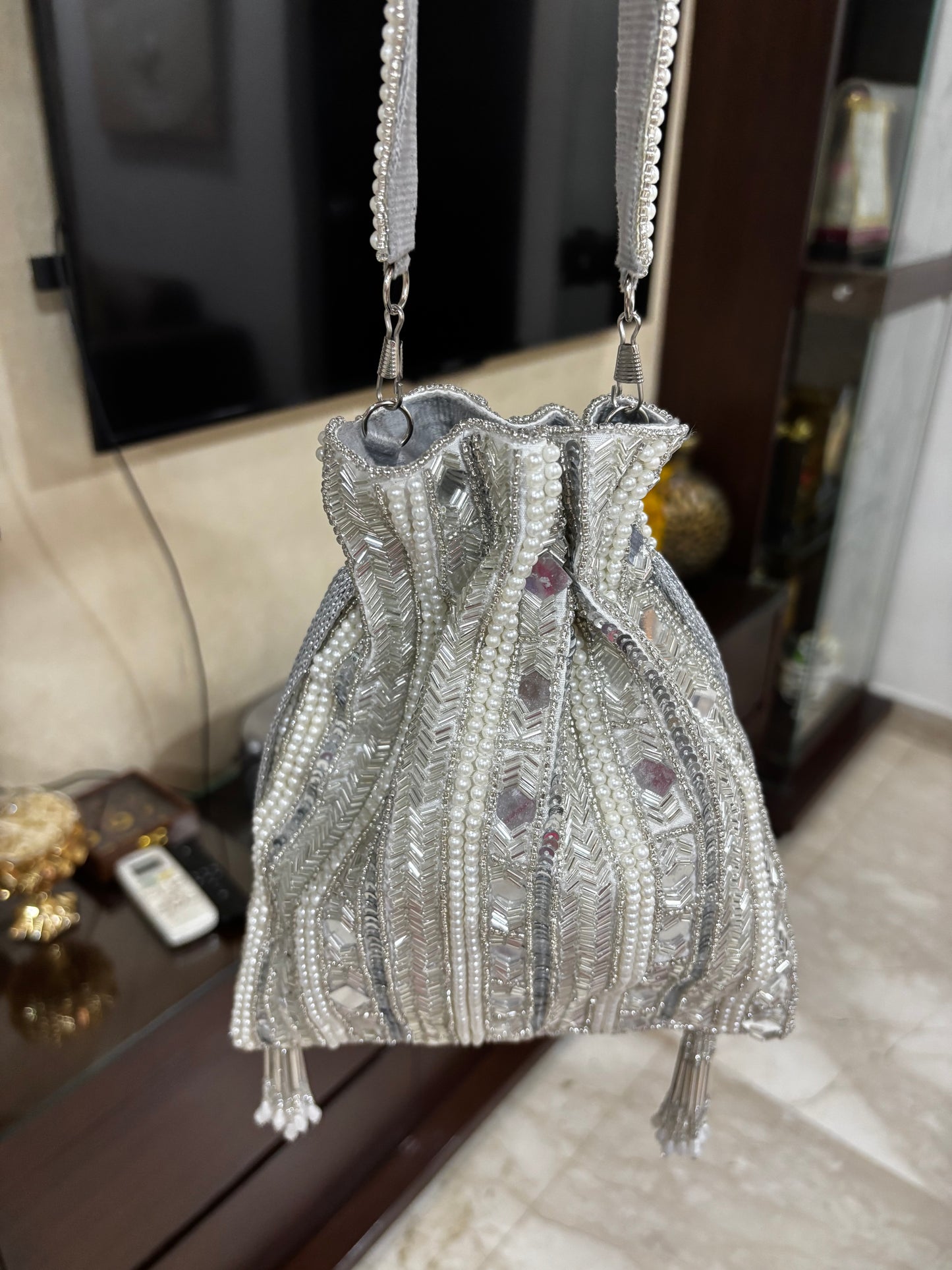 Silver & Pearls Mirror Potli Bag