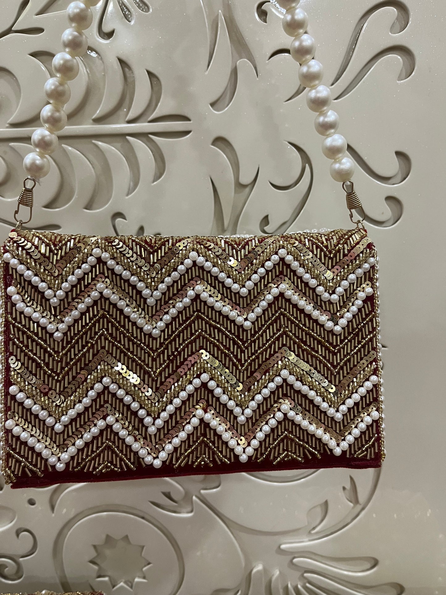 Embroidered Beaded Pearl Box Clutch Bag – Handmade MDF Hardcase Purse for Bridal, Party & Festive Wear | Designer Clutch by Fashion Fusion India