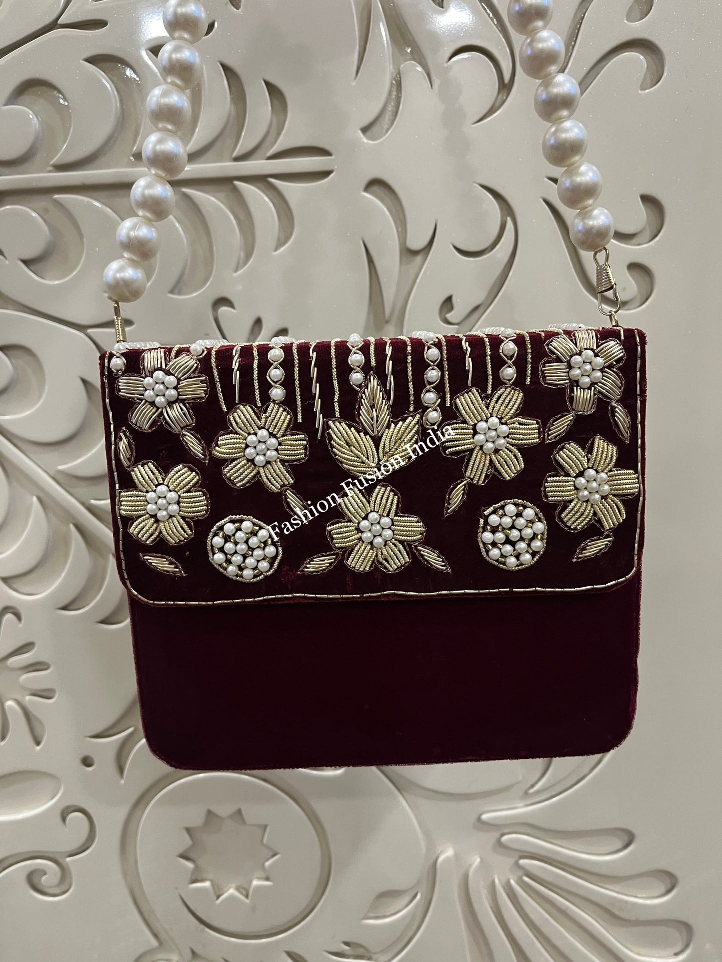 Velvet Embroidered Pearl Box Clutch Bag – Handmade MDF Hardcase Purse for Bridal & Festive Wear | Designer Party Clutch by Fashion Fusion India