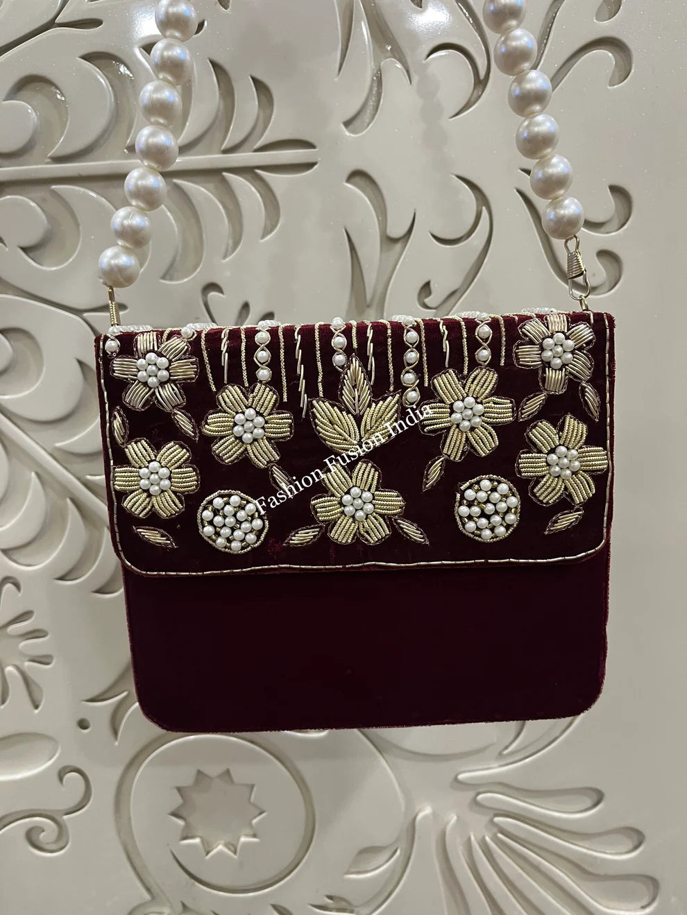 Maroon Pearl Floral Embroidered Flap Bag – Luxury Handcrafted Party Clutch | Fashion Fusion India