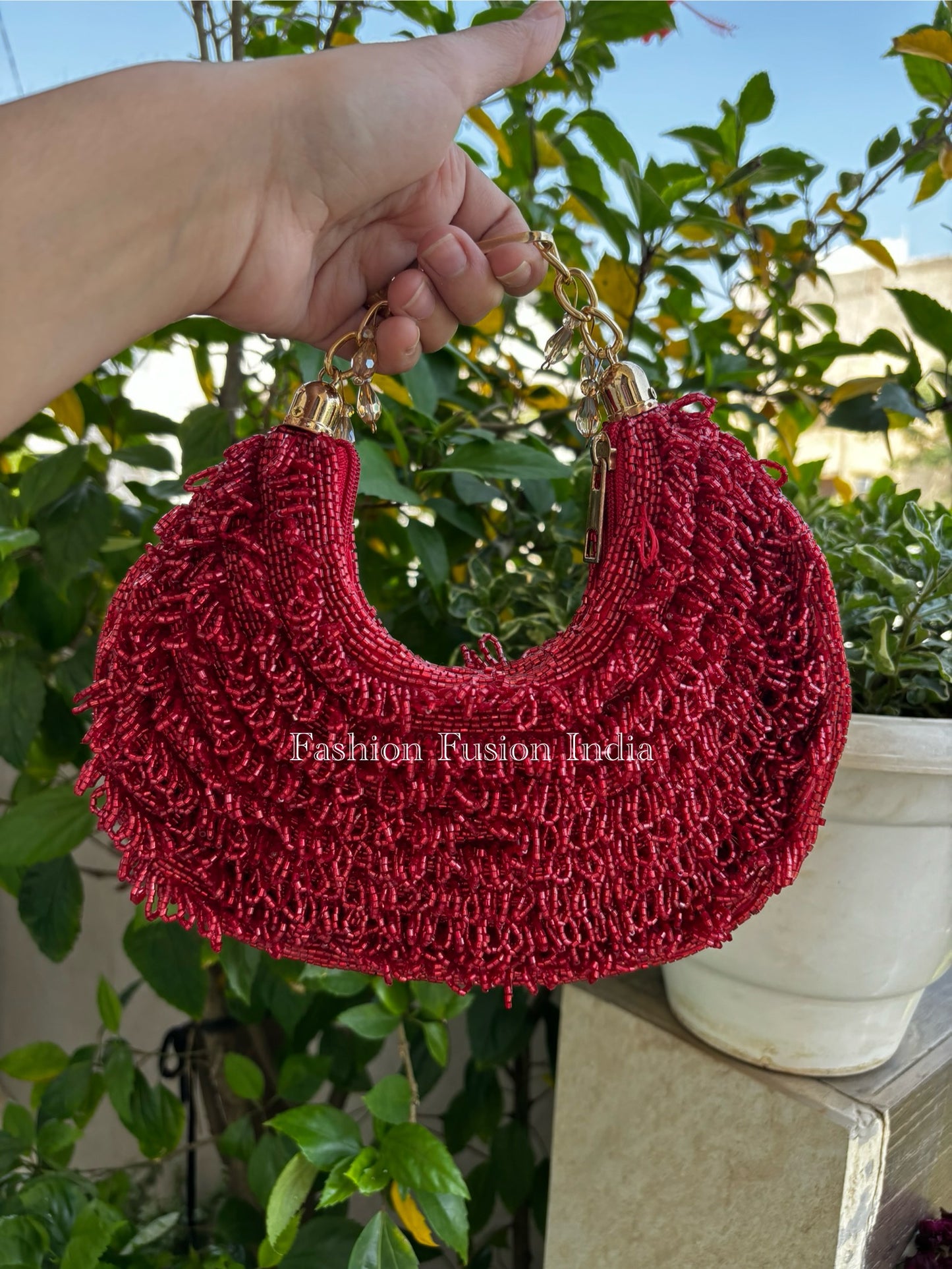 Red Beaded Fringe Handbag | Handmade Party & Bridal Evening Shoulder Bag – Fashion Fusion India