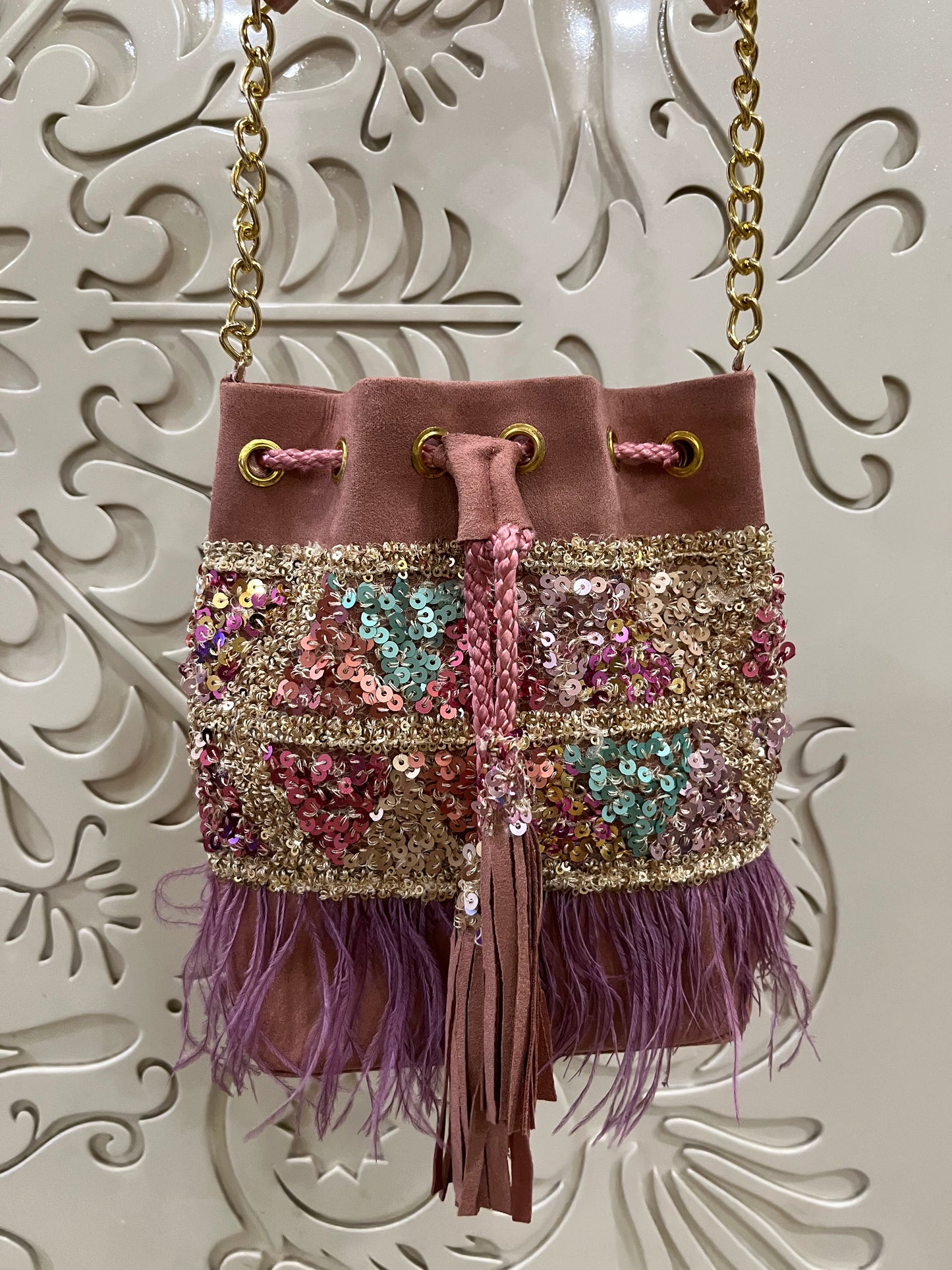 Sequin Embroidered Feather Potli Bag – Handmade Bridal & Party Purse by Fashion Fusion India