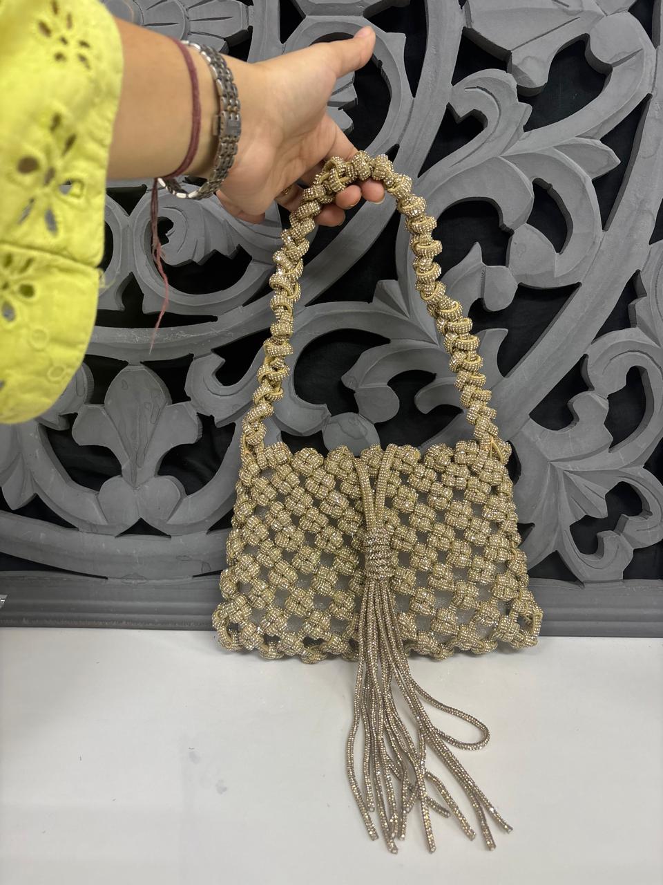 Golden Rhinestone Tassel Handbag for Women