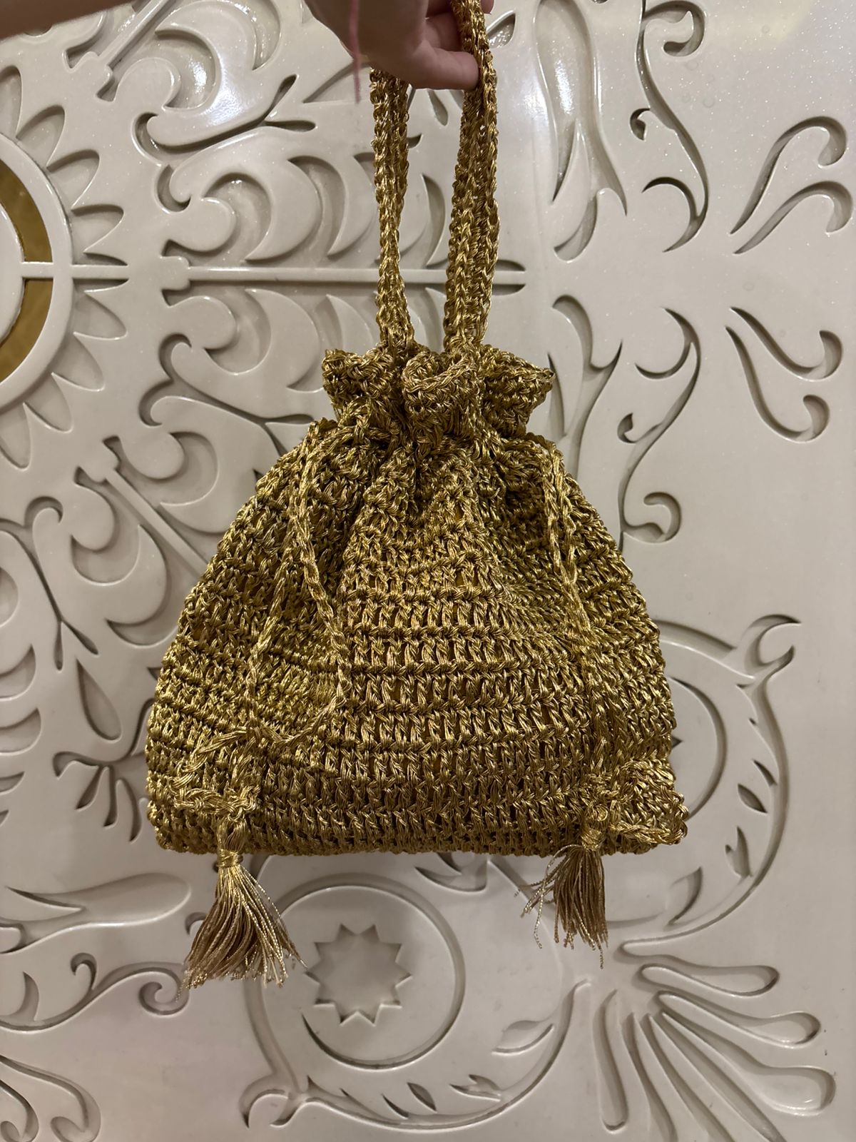 Golden Hand Crochet Floral Potli Bag | Fashion Fusion India