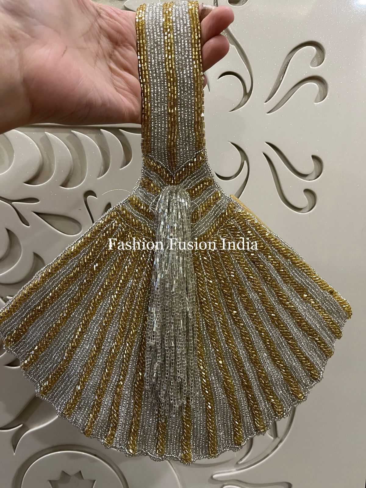 Gold and silver hand-embroidered beaded patch with fan-shaped detailing.