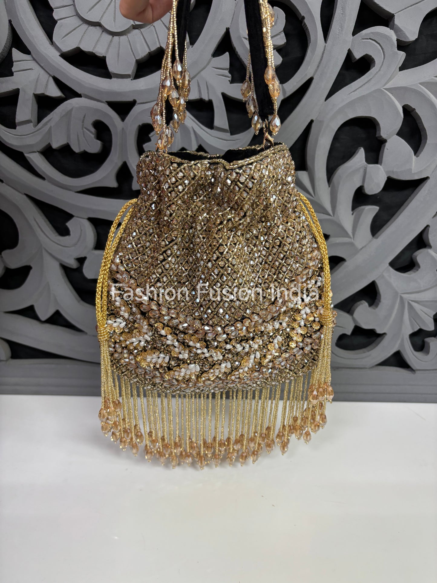 Golden Crystal Beaded Potli Bag – Luxury Bridal Wedding Purse by Fashion Fusion India