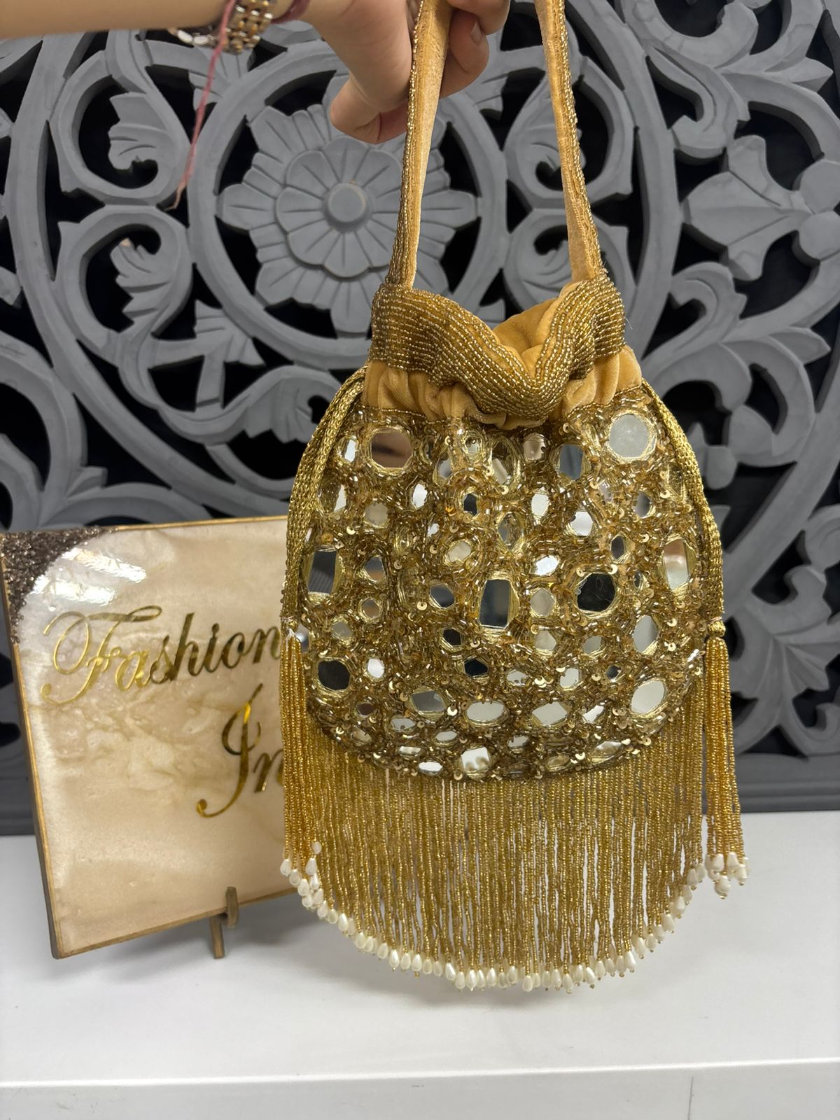 Golden Mirror Embroidered Bridal Potli Bag