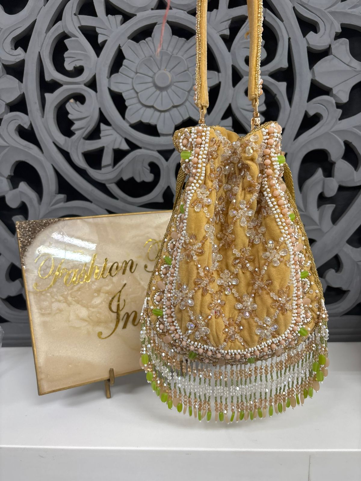 Golden Crystal Embroidered Bridal Potli Bag
