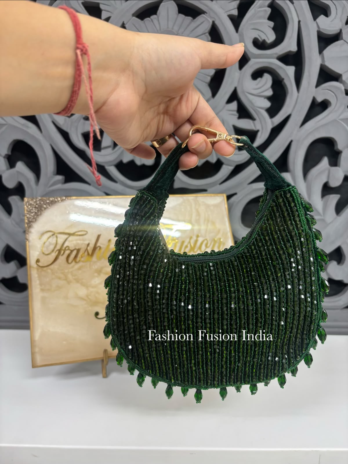 green crystals beaded hand embroidery moon clutch potli bags.