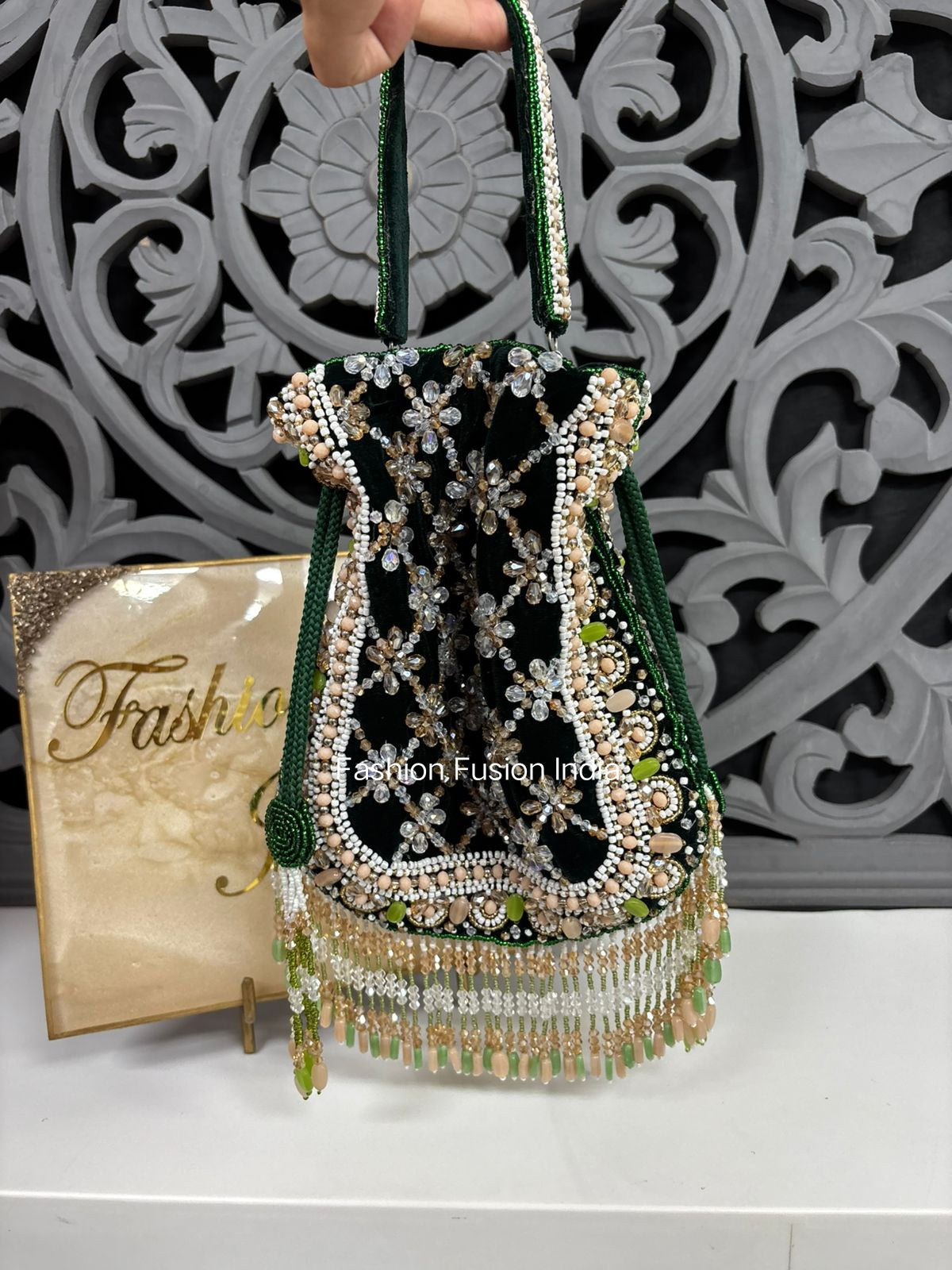 Green Potali bag with hand embroidery