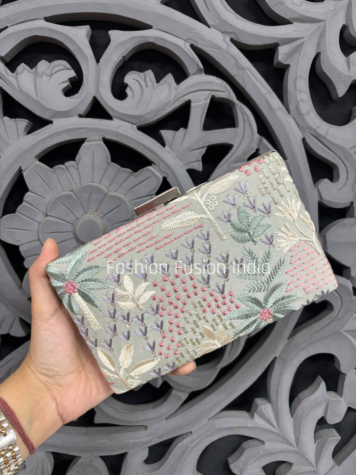 Grey Floral Embroidered Clutch Bag