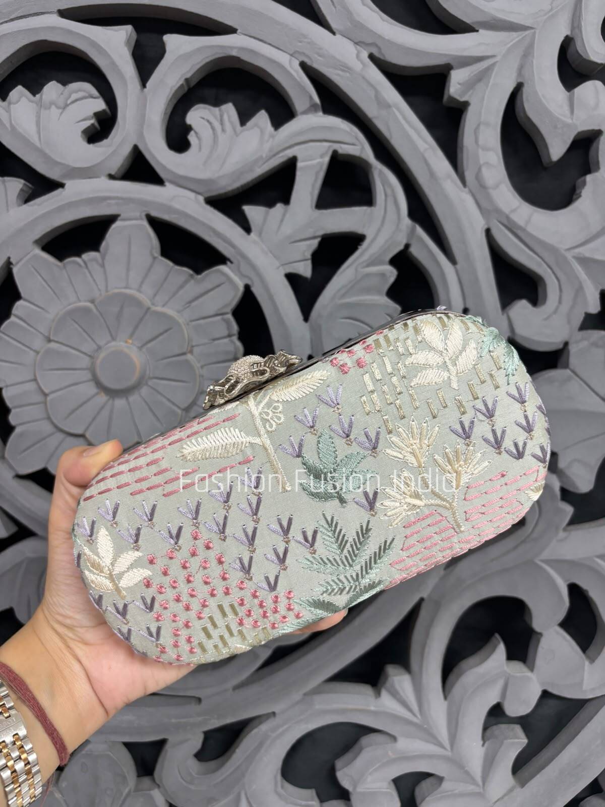 Grey Floral Embroidered Oval Clutch Bag