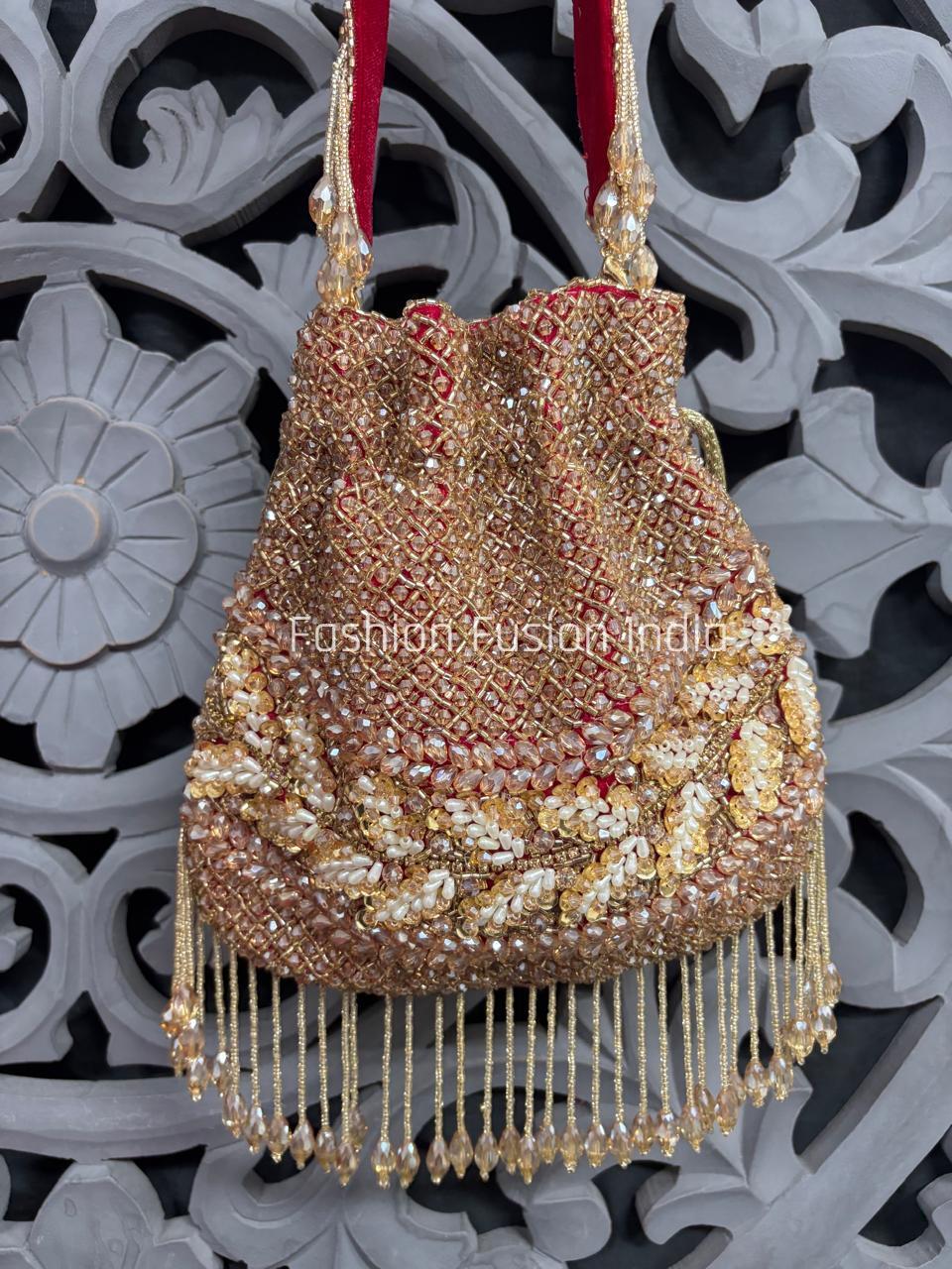 Hot Pink Crystal Beaded Potli Bag