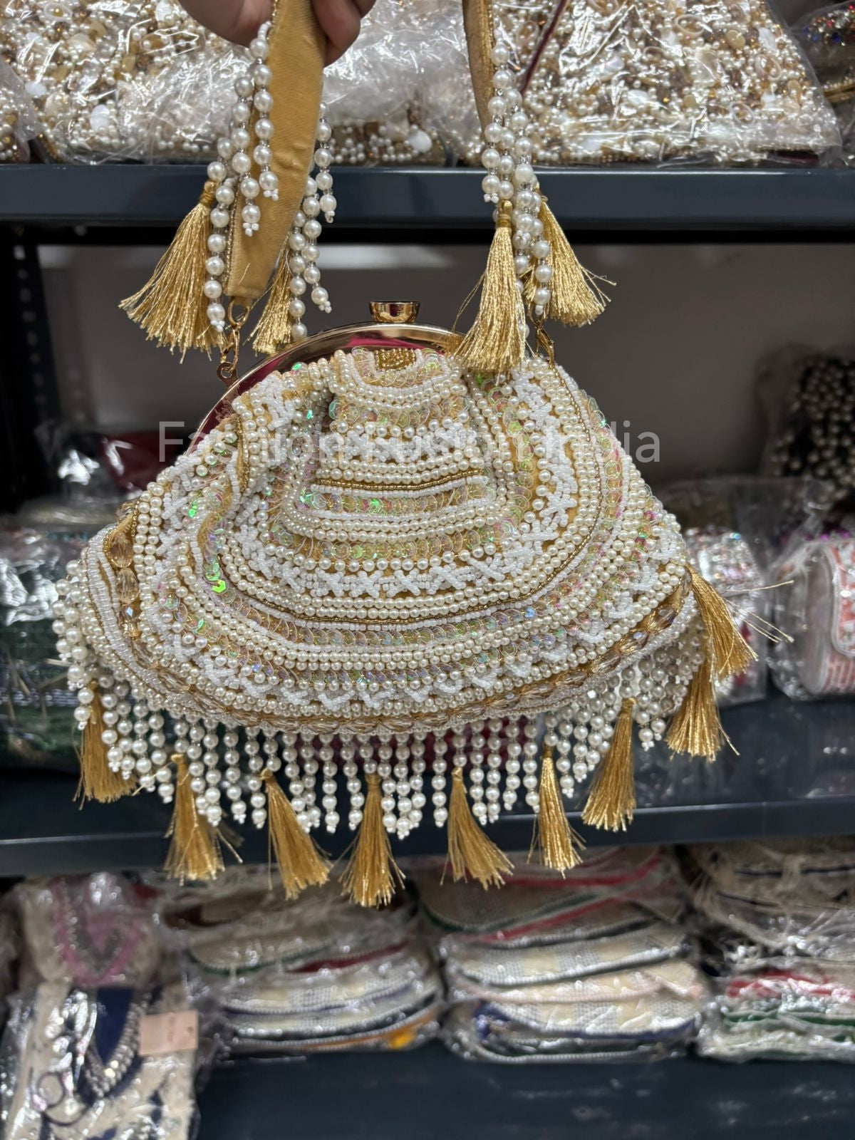 Gold Pearl Tassel Batwa Bag – Festive Ethnic Purse | Fashion Fusion India