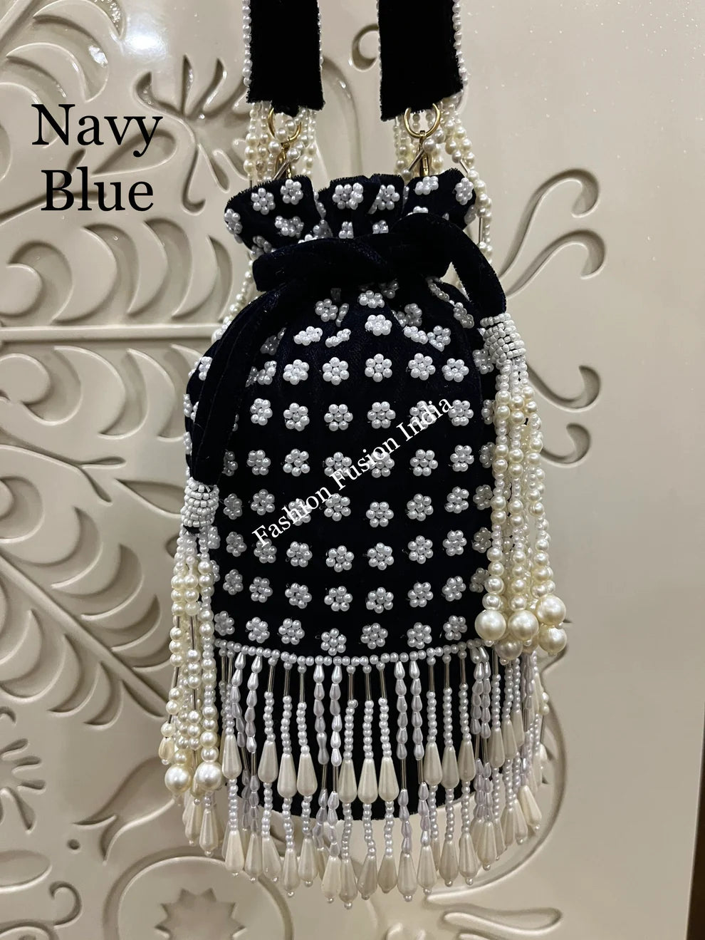Blue Long Pearl Potlis – Handcrafted Bridal & Festive Bags by Fashion Fusion India