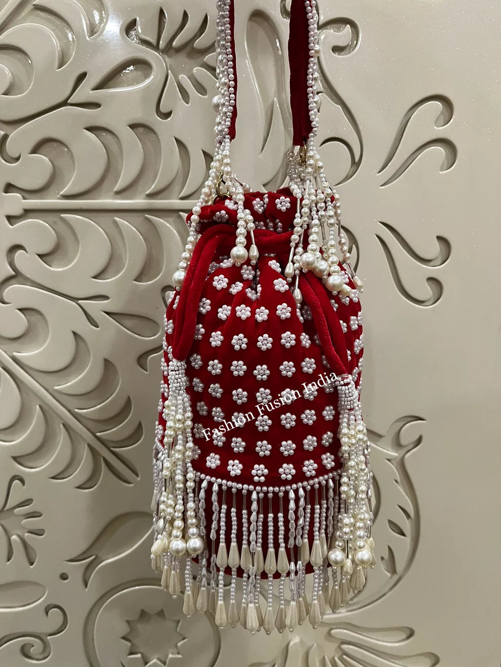 Red Long Pearl Potlis – Handcrafted Bridal & Festive Bags by Fashion Fusion India