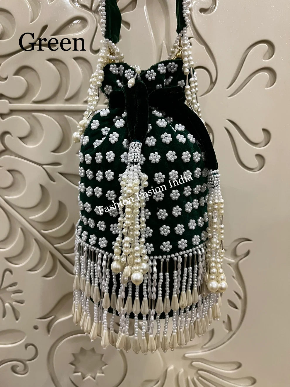 Dark Green Long Pearl Potlis – Handcrafted Bridal & Festive Bags by Fashion Fusion India