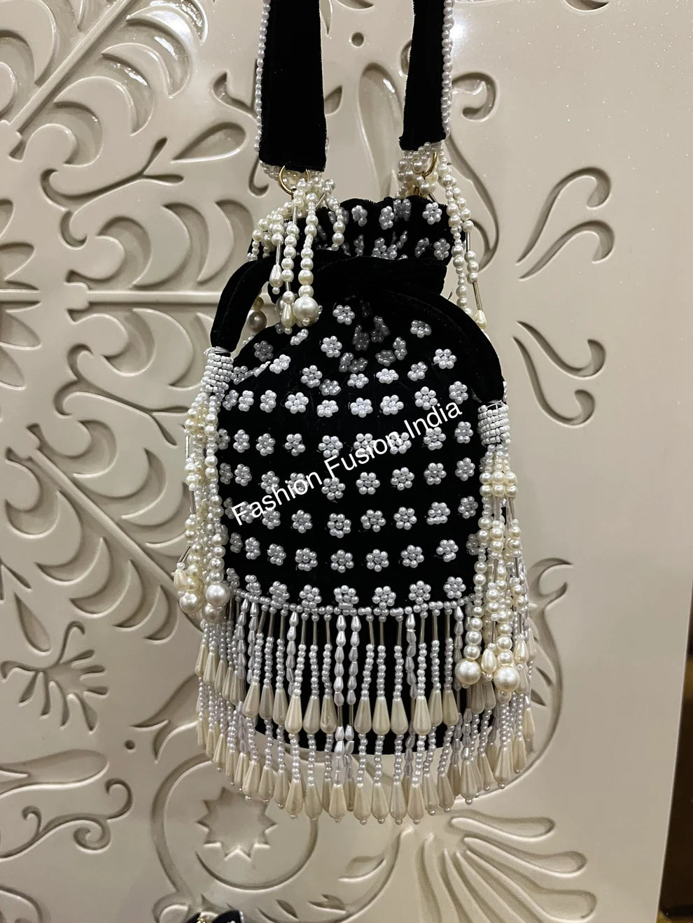 Black Long Pearl Potlis – Handcrafted Bridal & Festive Bags by Fashion Fusion India