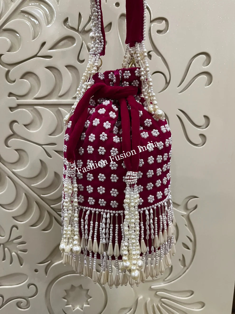 Pink Long Pearl Potlis – Handcrafted Bridal & Festive Bags by Fashion Fusion India