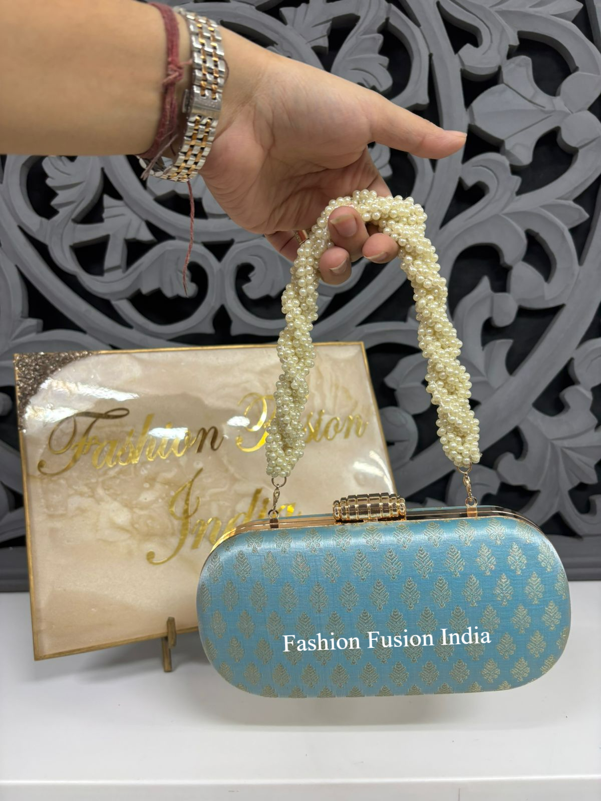 Light Blue Brocade Clutch Bag with Pearl Handle