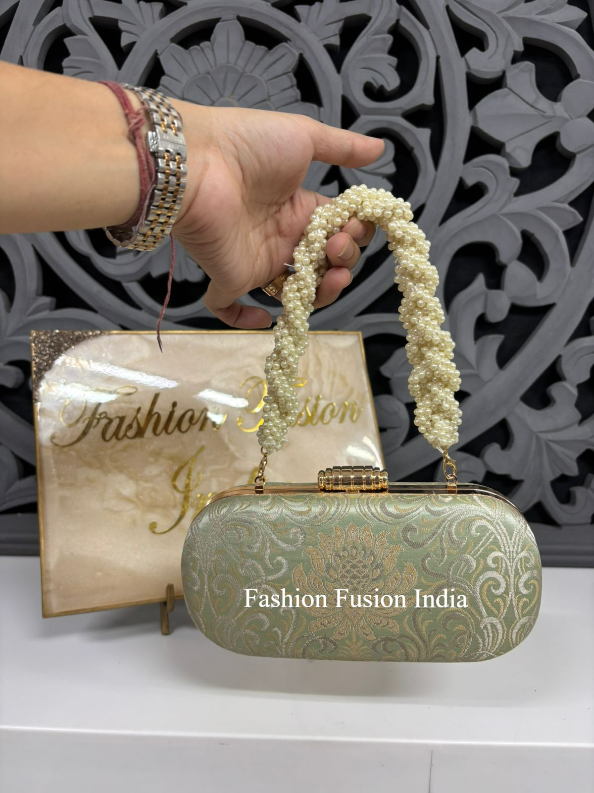 Light Green Brocade Clutch Bag with Pearl Handle