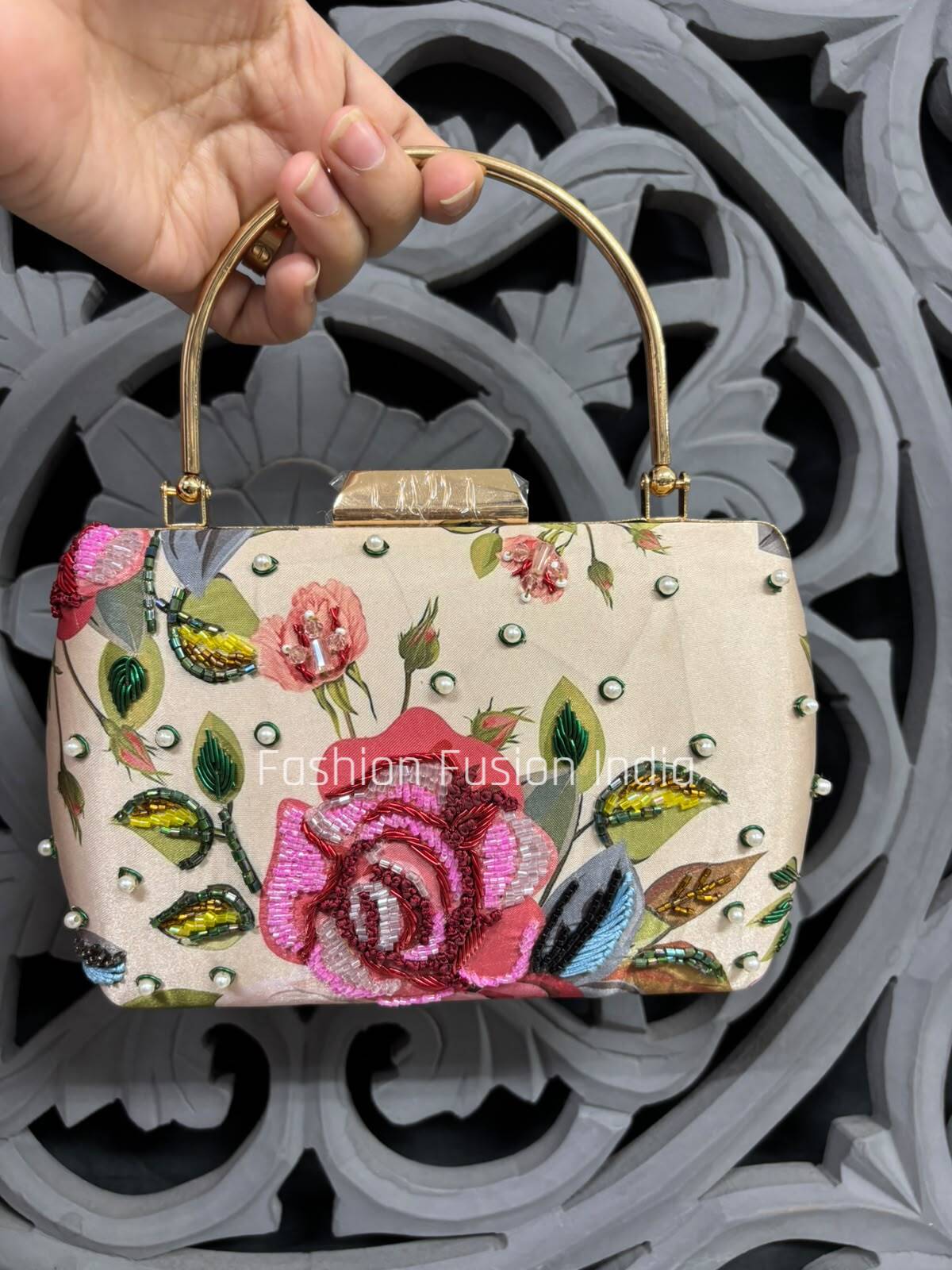 Luxury Ivory Floral Embroidered Box Clutch Bag for Women
