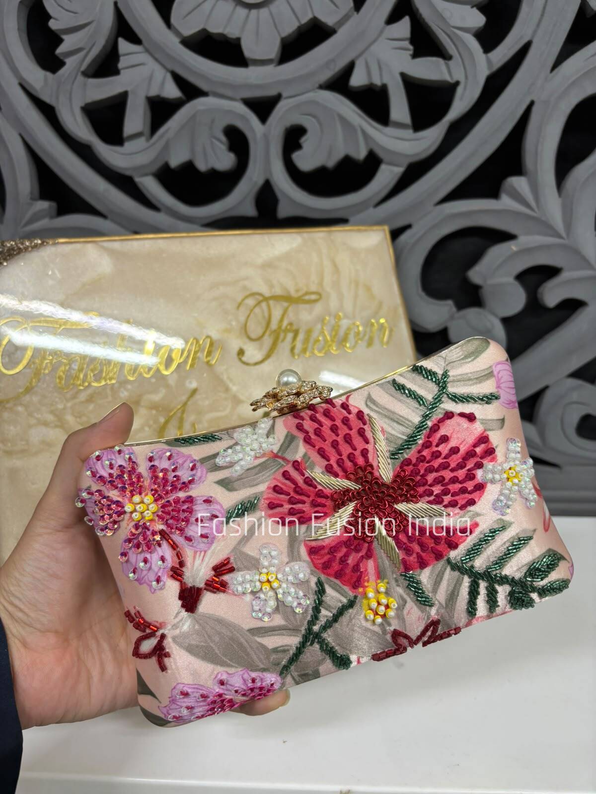 Luxury Pink Floral Embroidered Clutch Bag for Women