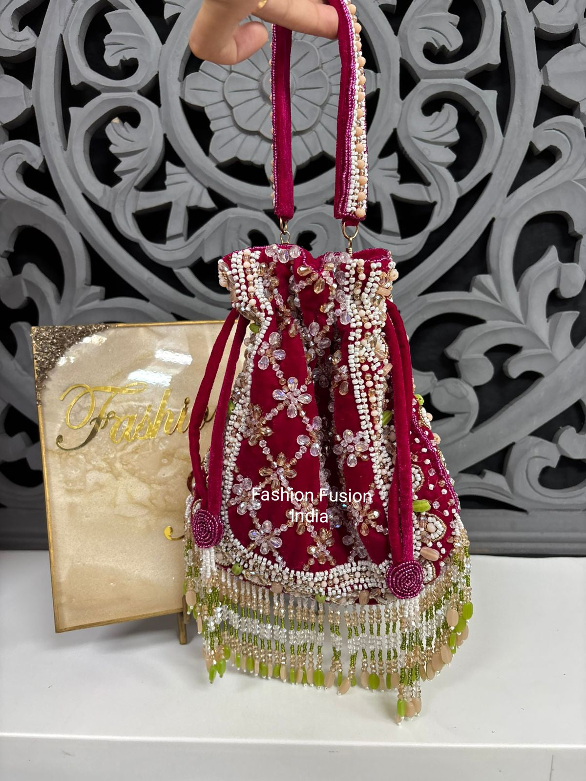 Red Crystal Embroidered Bridal Potli Bag for Women