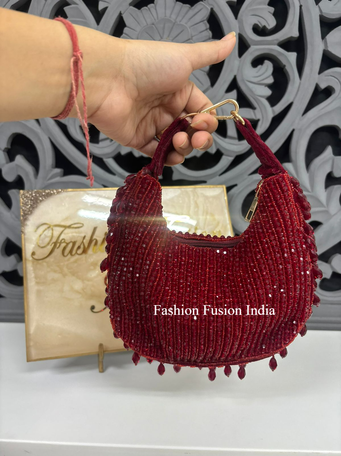 Maroon Beaded Moon Handbag | Fashion Fusion India