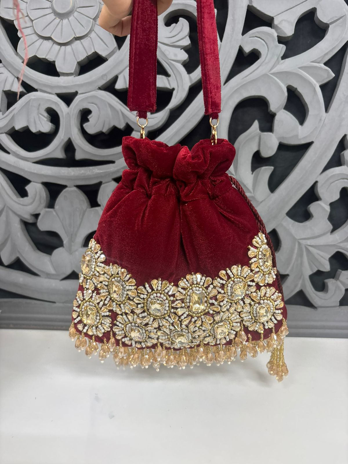 Maroon Velvet Bridal Potli Bag with Crystal Embellishments