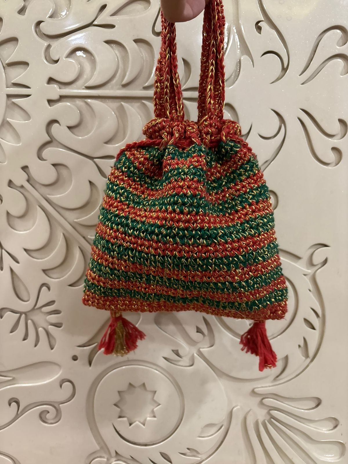 Maroon Hand Crochet Floral Potli Bag | Fashion Fusion India