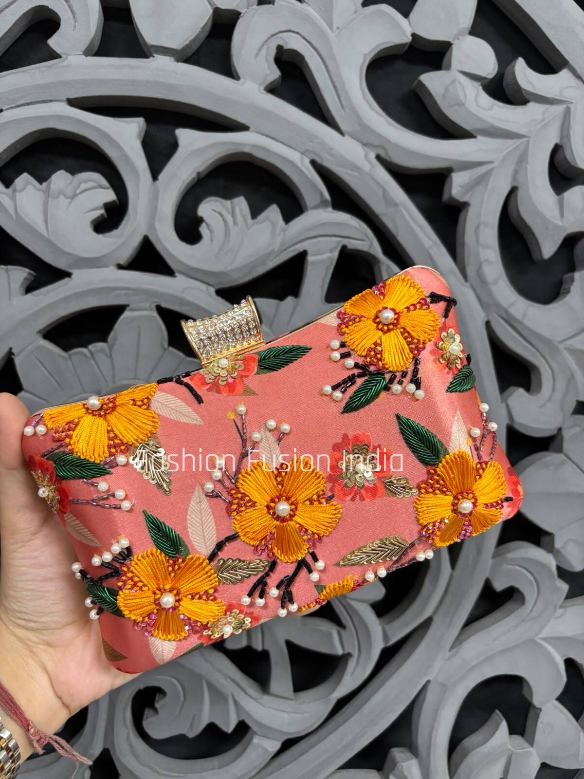 Peach Floral Embroidered Designer Clutch Bag for Women