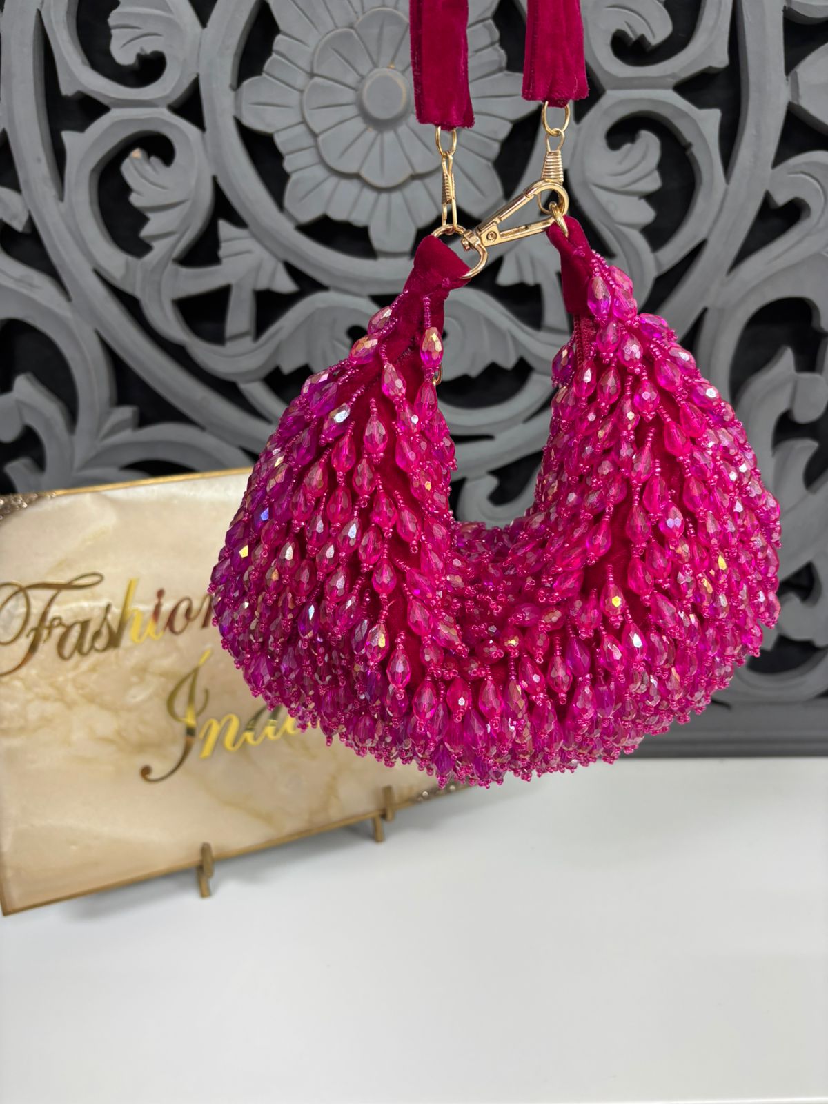 Pink Crystal Fringe Clutch Bag By Fashion Fusion India
