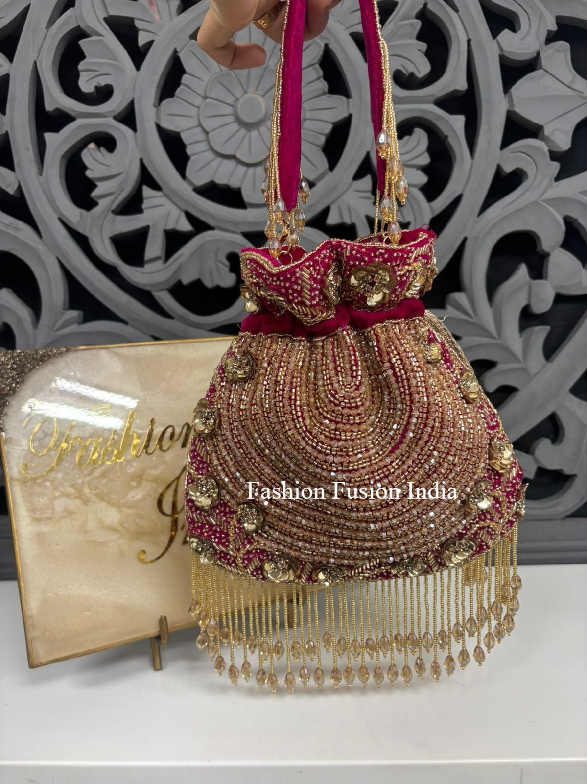 Pink Pearl Crystal Bridal Potli Bag