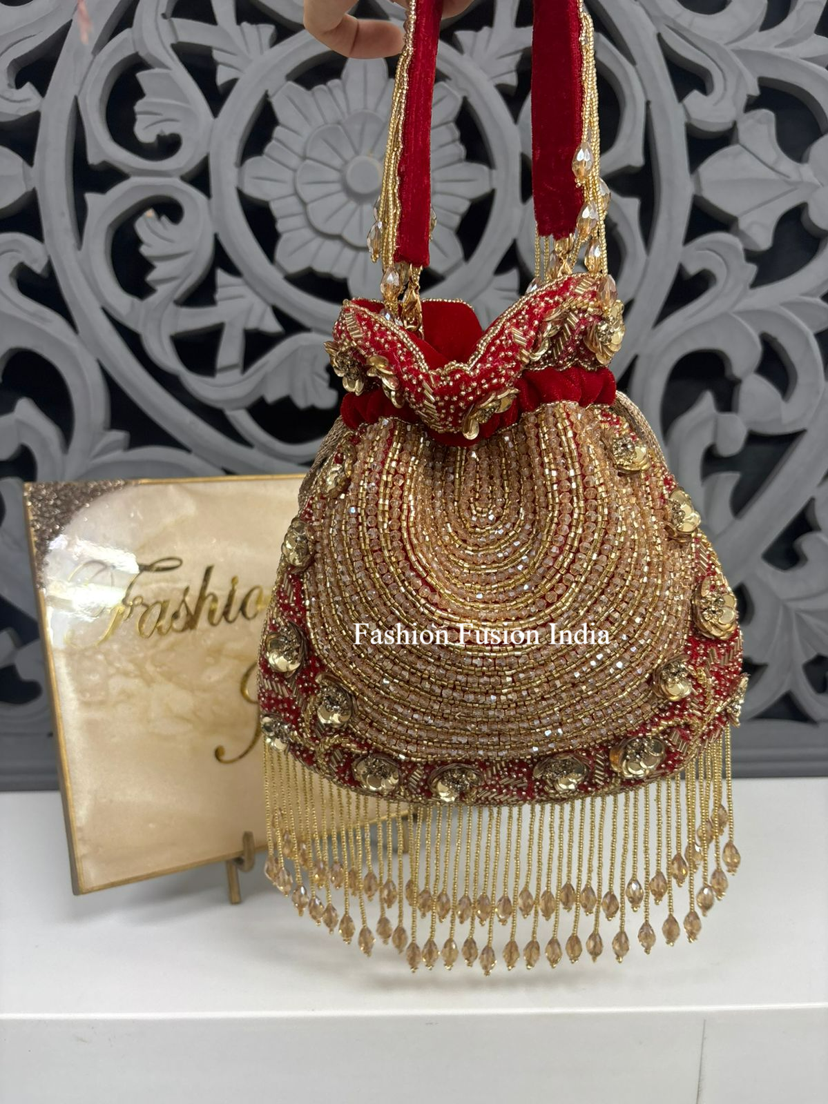 Red Bridal Potli Bag with Pearl & Crystal Embroidery