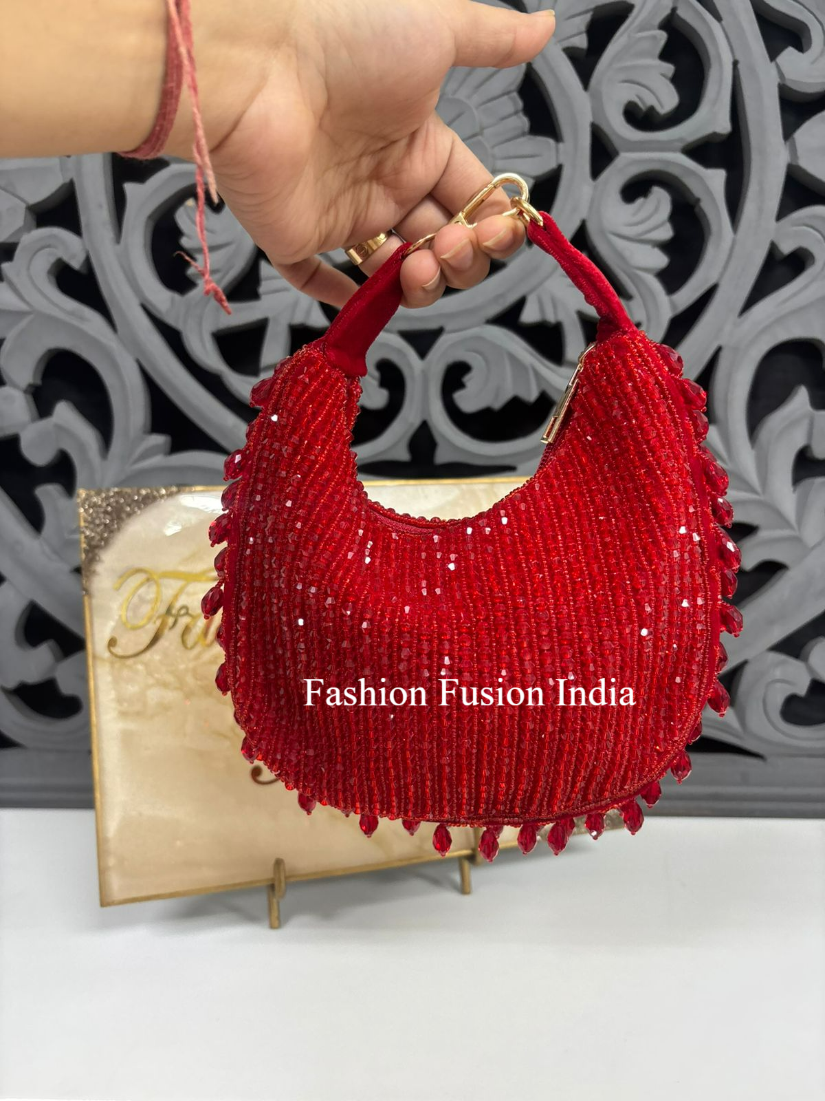 Red Beaded Moon Handbag | Fashion Fusion India