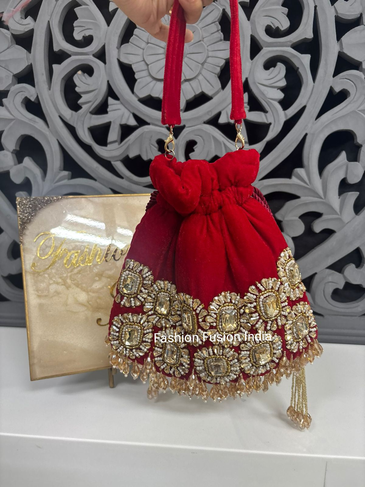 Red Velvet Crystal Embellished Potli Bag for Women