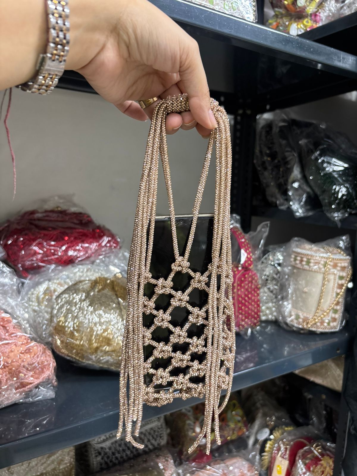 Rose Gold Rhinestone Mobile Sling Bag for Women
