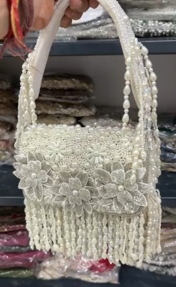 White Pearl Floral Handbag – Handmade Designer Bridal & Party Purse by Fashion Fusion India